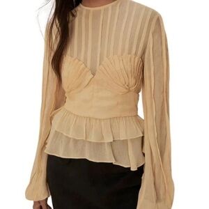 Farm Rio Beige Pleated Bust Peplum Top Blouse XL New NWT Long Sleeve GORGEOUS